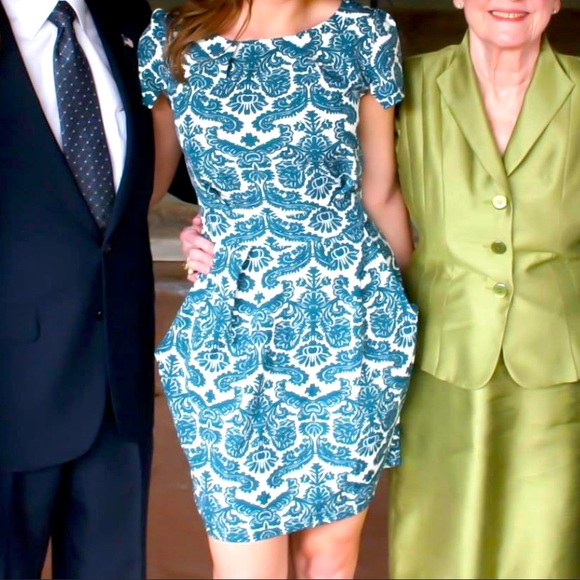 Teal Patterned Puff Sleeve Dress with Pockets - Picture 1 of 7